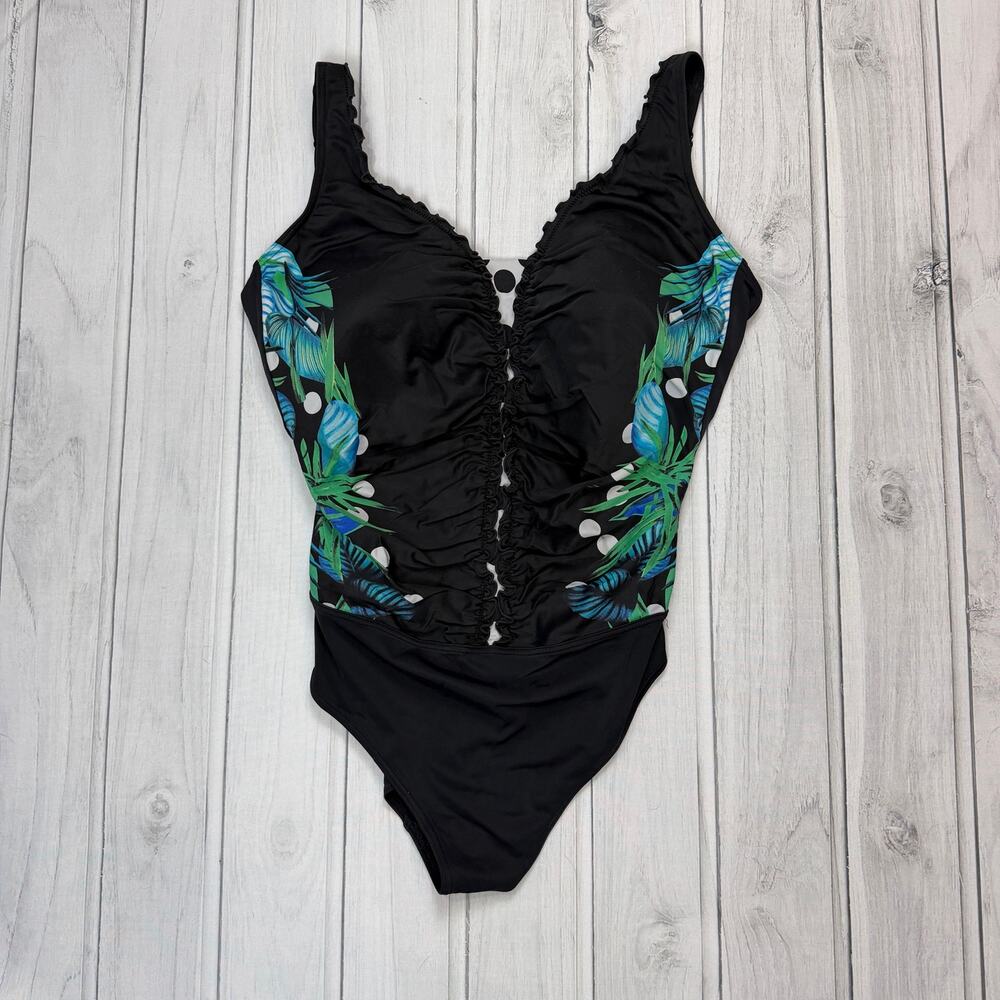 One Piece Swimsuit Small Black Tropical Ruffle Cutout